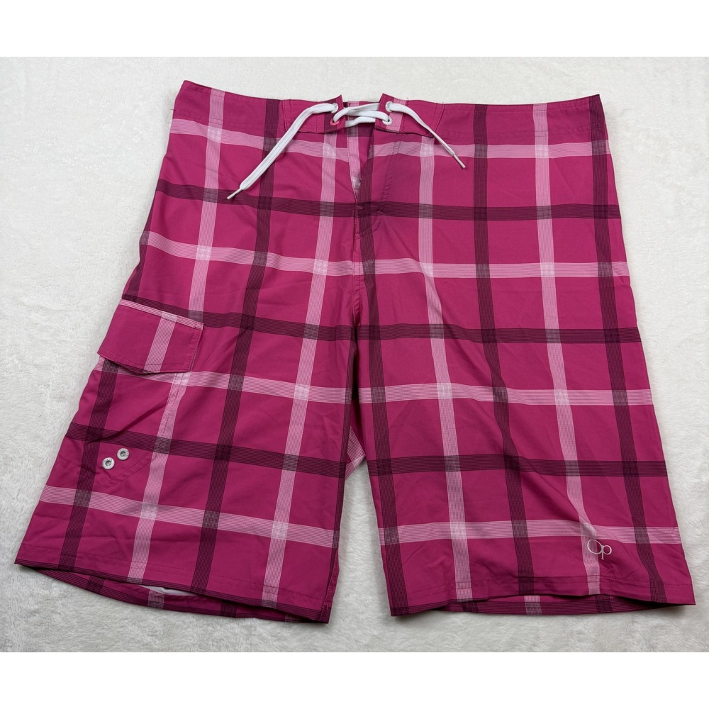 Ocean Pacific OPFLEX Mens 38 Pink Plaid Board Shorts 4 Way Stretch